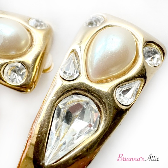 GIVENCHY Crystal & Faux Pearl Clip-On Earrings. Wedding/Estate Earrings - Picture 8 of 10